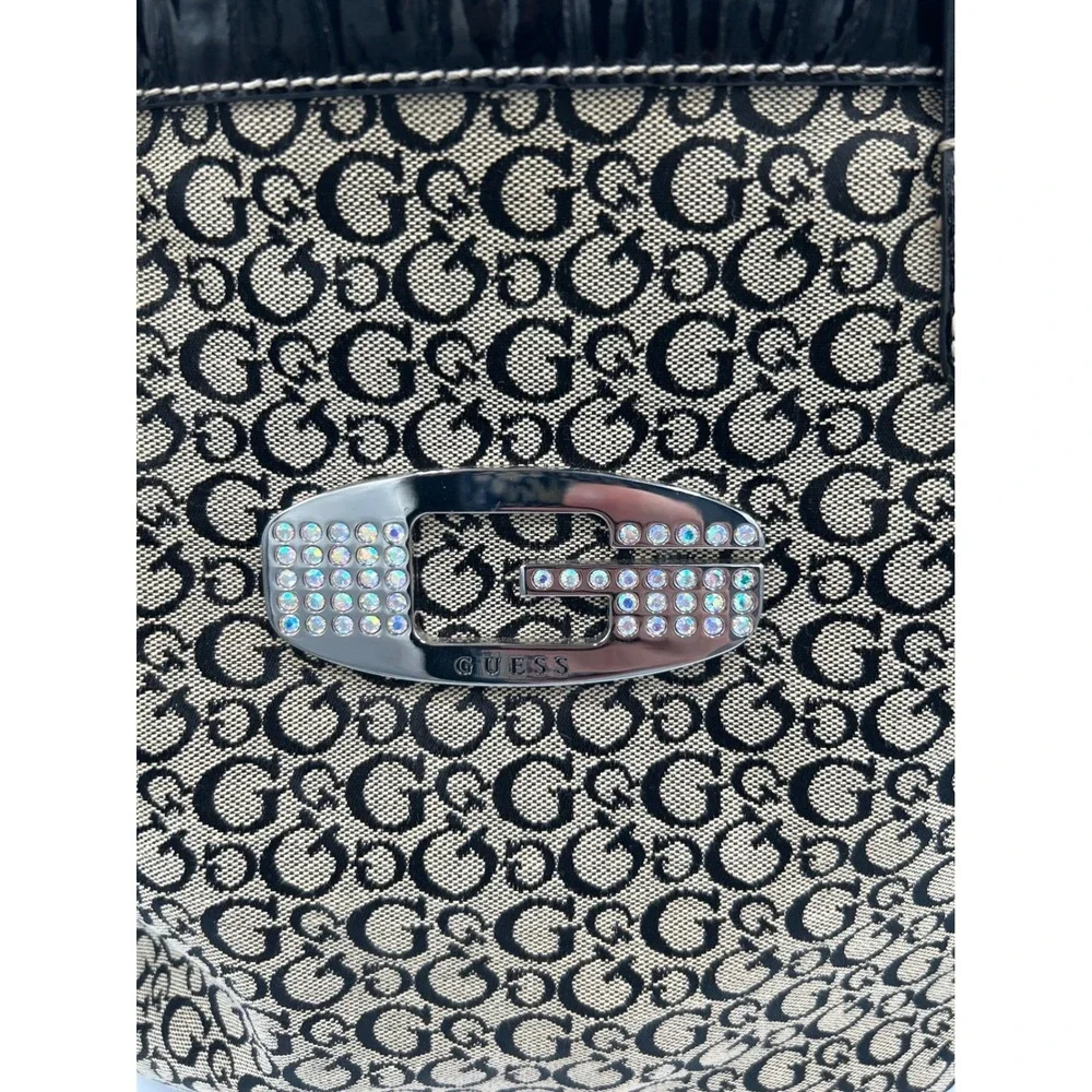Guess Monogram Tote Bag Black Tan Canvas Rhinestone G Logo‎ Y2K Purse
